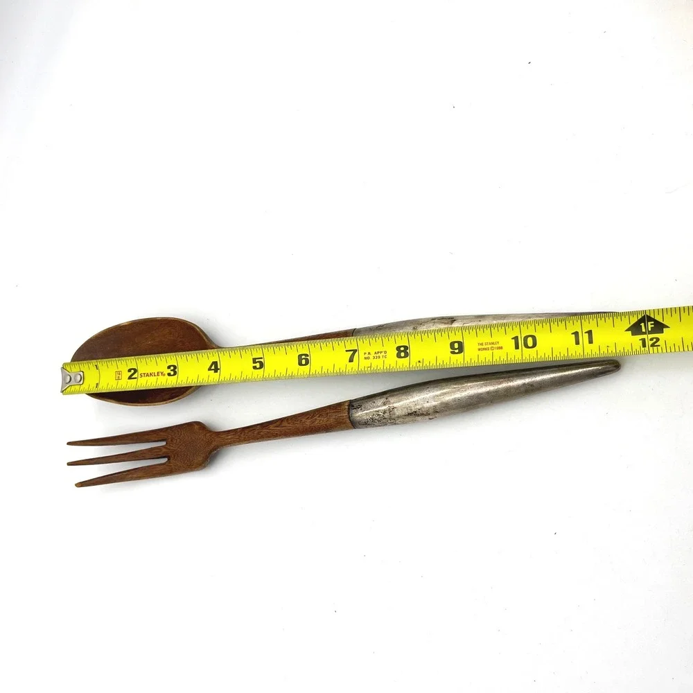 Vintage Mid Century Modern Teak Wood and Sterling Silver Salad Serving Set‎